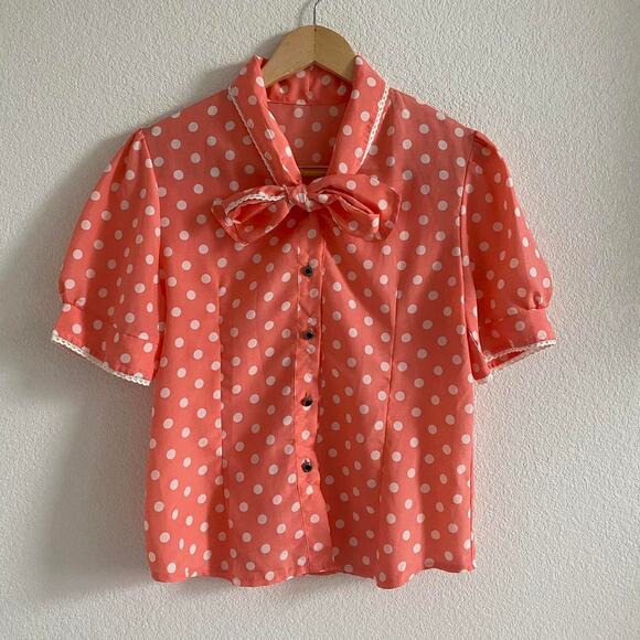 Coral Polka Dot Pussybow Blouse - Picture 1 of 7